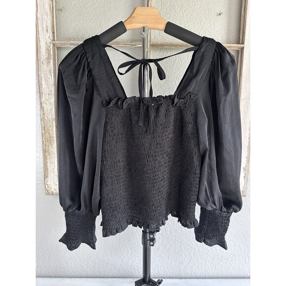 SHE + SKY Womens Black Crop Top Long Balloon Sleeves Elastic Top Medium - Picture 3 of 10